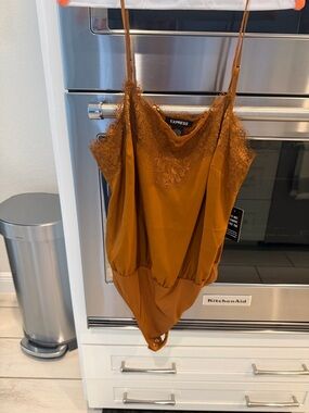 Express Rust Lace-Trim Satin Cami Bodysuit